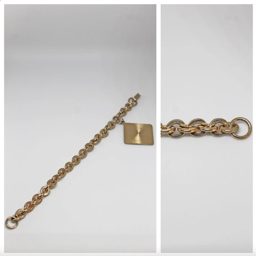 Vintage Light Gold Flat Edge Cable Chain Bracelet with Diamond Shaped Leaf Charm - Picture 3 of 8